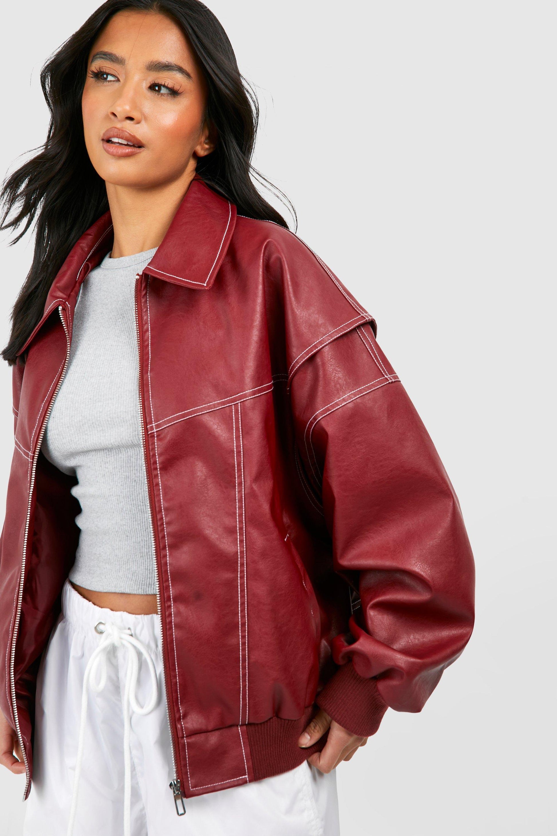 Cuero Bomber Jacket Mujer con Mangas 7/8 y Cuello Clásico