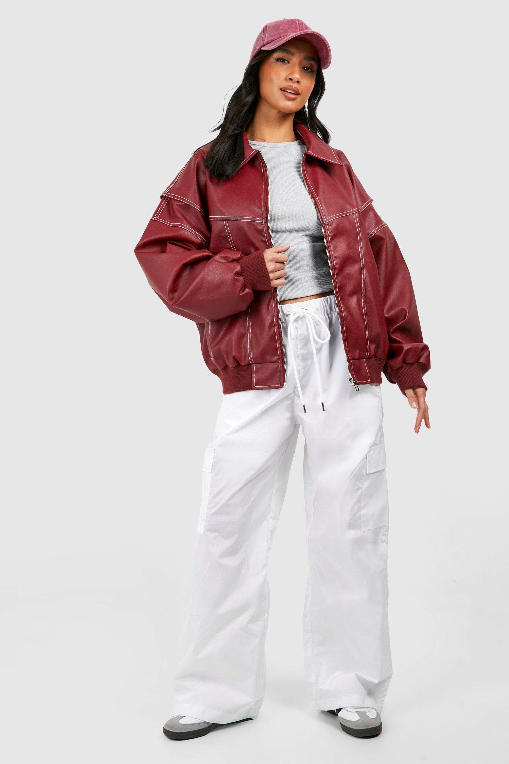 Cuero Bomber Jacket Mujer con Mangas 7/8 y Cuello Clásico