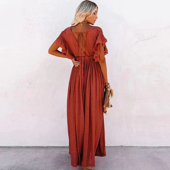 Vestido largo rojo de playa con escote en V para mujer, elegante y femenino