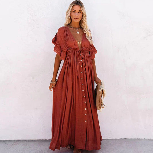 Vestido largo rojo de playa con escote en V para mujer, elegante y femenino