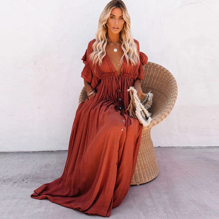 Vestido largo rojo de playa con escote en V para mujer, elegante y femenino