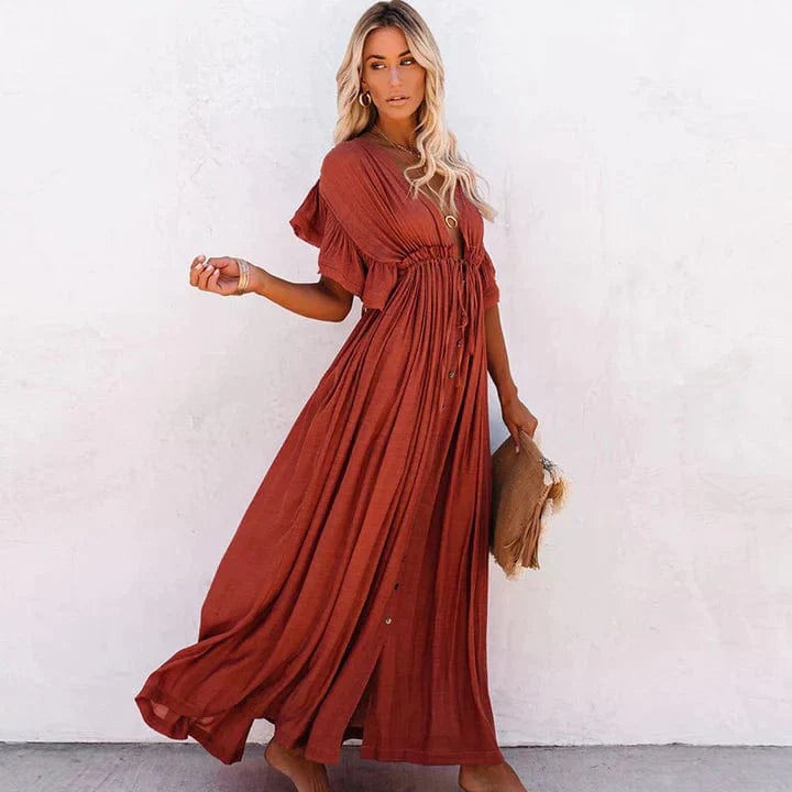Vestido largo rojo de playa con escote en V para mujer, elegante y femenino