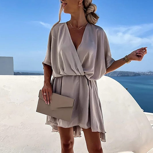 Vestido boho beige con escote en V para mujer, elegante y femenino
