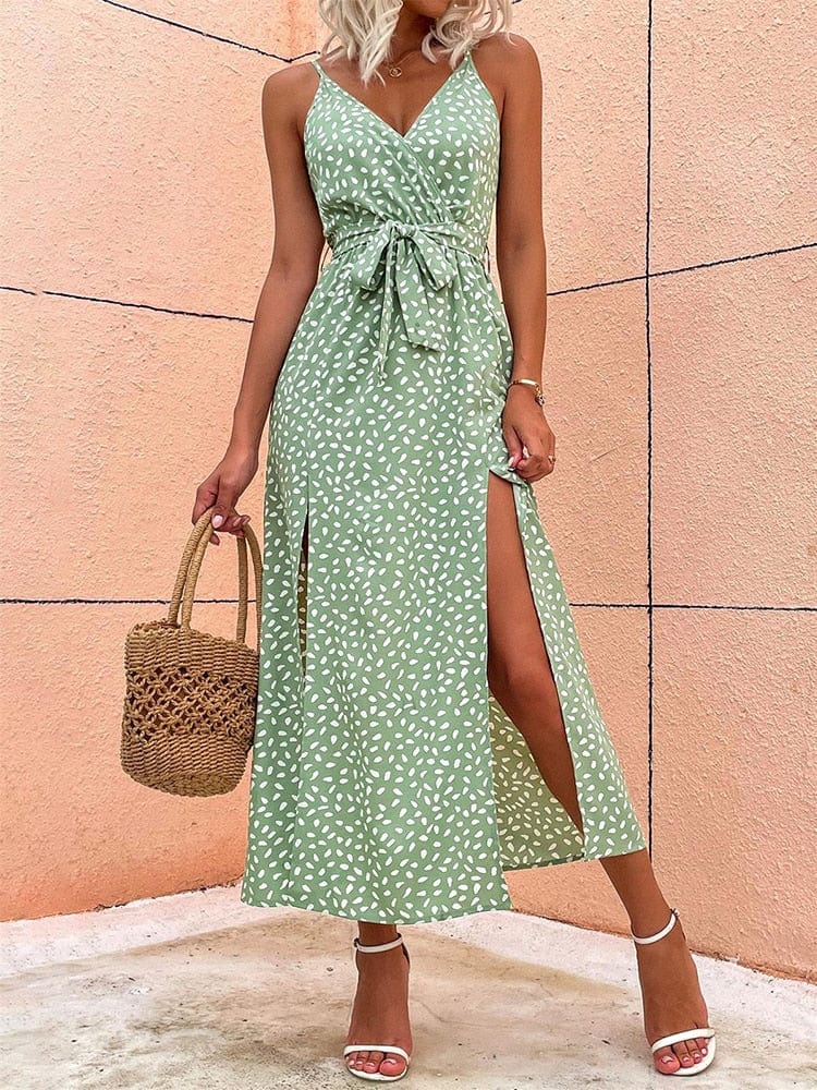 Vestido boho verde claro con escote en V y lunares, estilo Ibiza