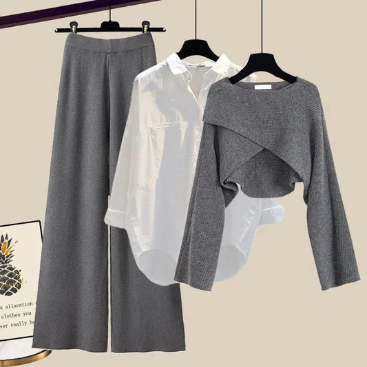 Set Tina tres piezas para mujer con suéter, blusa y pantalones amplios, ideal para oficina y casual