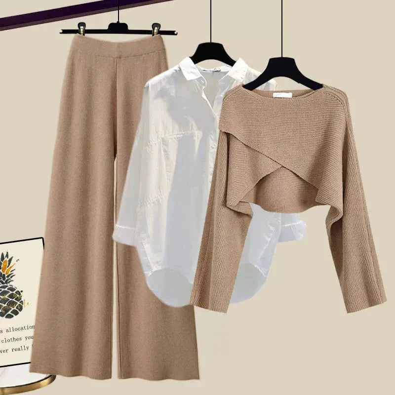 Set Tina tres piezas para mujer con suéter, blusa y pantalones amplios, ideal para oficina y casual