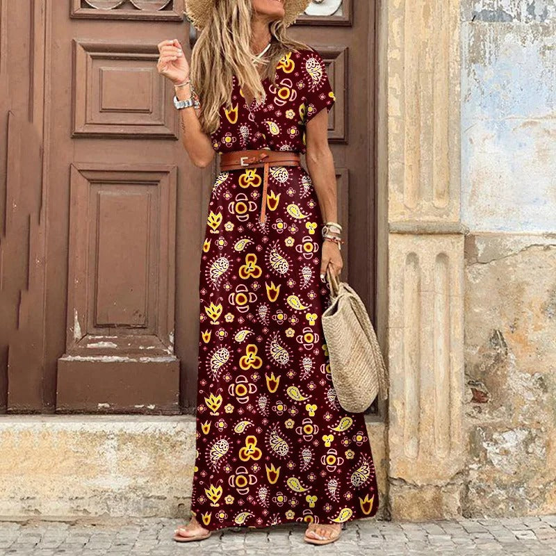 Maxi vestido bohemio con cinturón y escote en V, estilo ibicenco