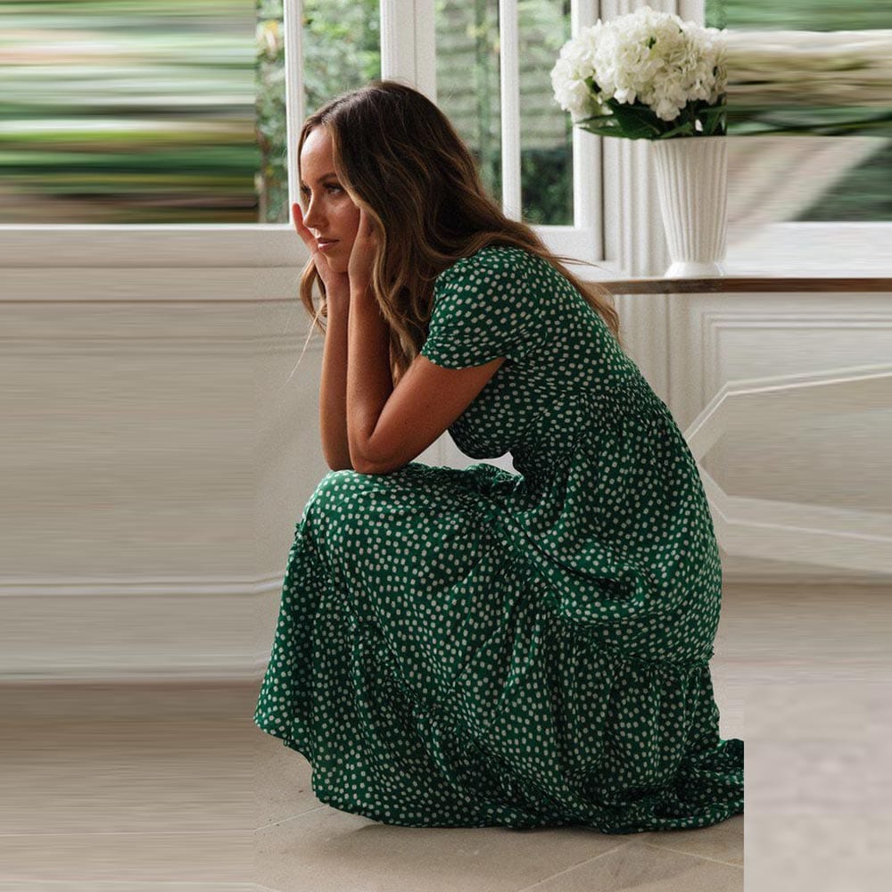 Vestido midi verde bohemio con manga abullonada para mujer, fresco y elegante