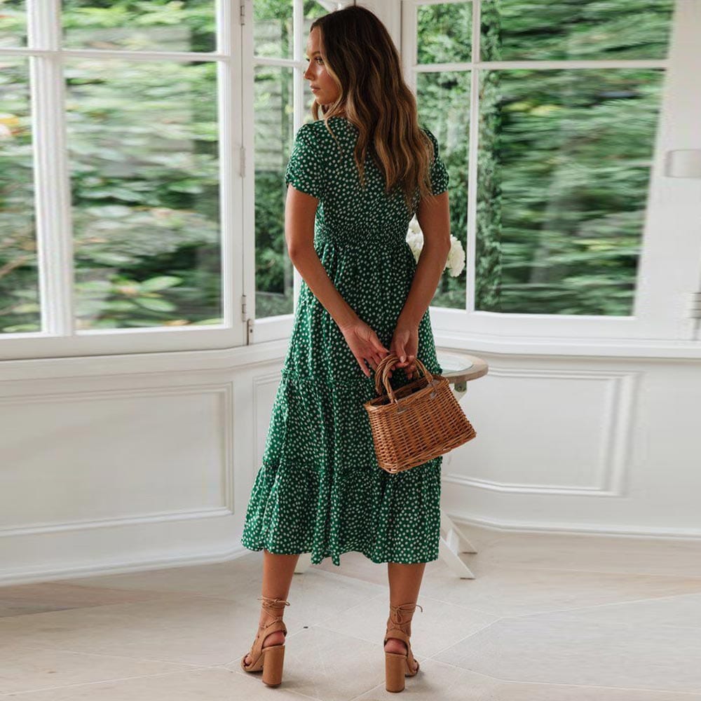 Vestido midi verde bohemio con manga abullonada para mujer, fresco y elegante