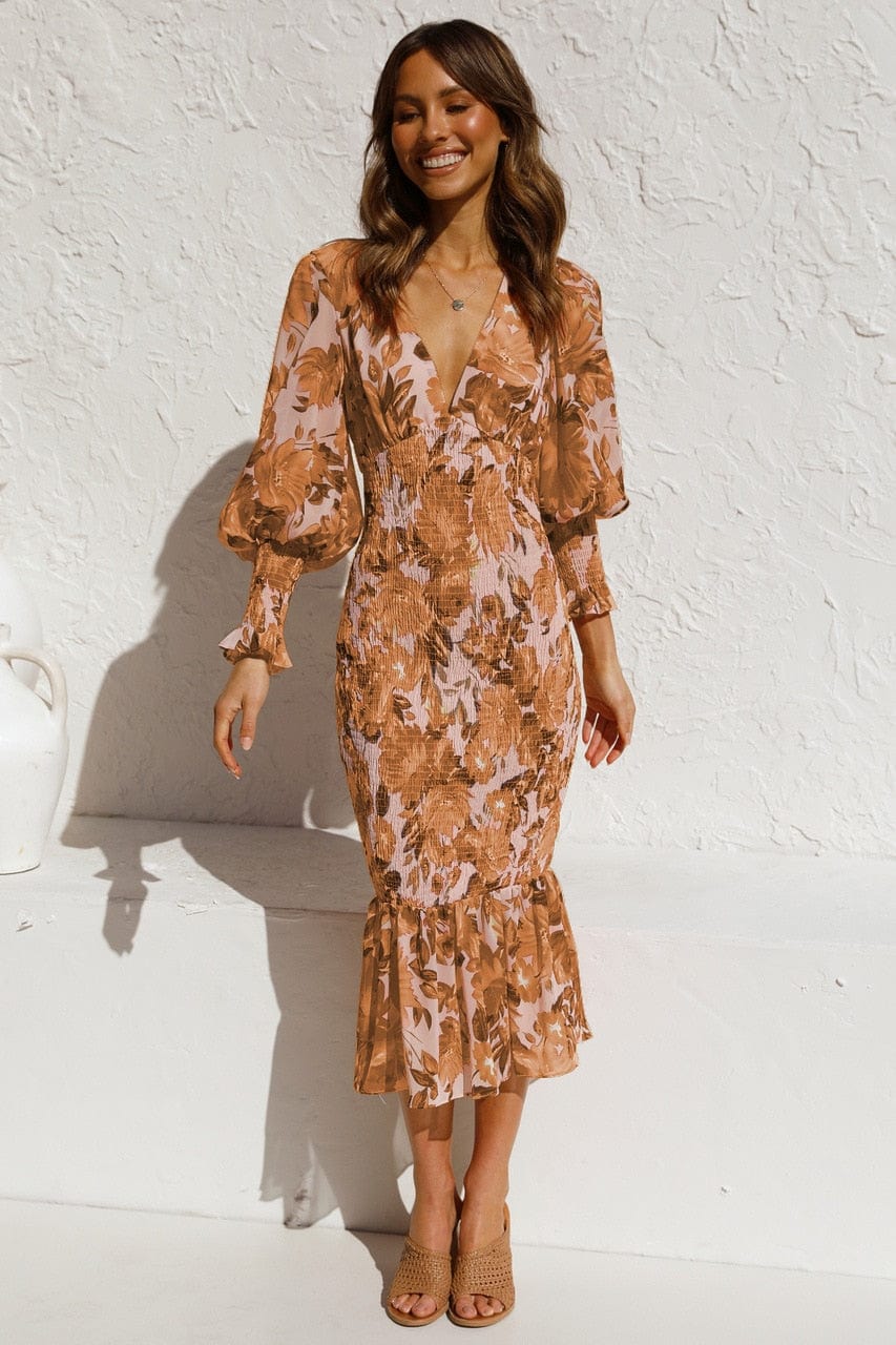 Pip - Vestido de Manga Larga Marrón con Estampado y Escote en V