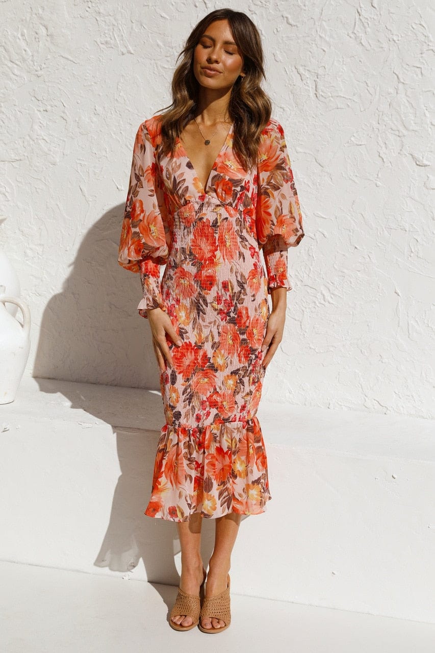 Vestido naranja de manga larga con estampado elegante y escote en V para mujer, estilo sofisticado Kiana