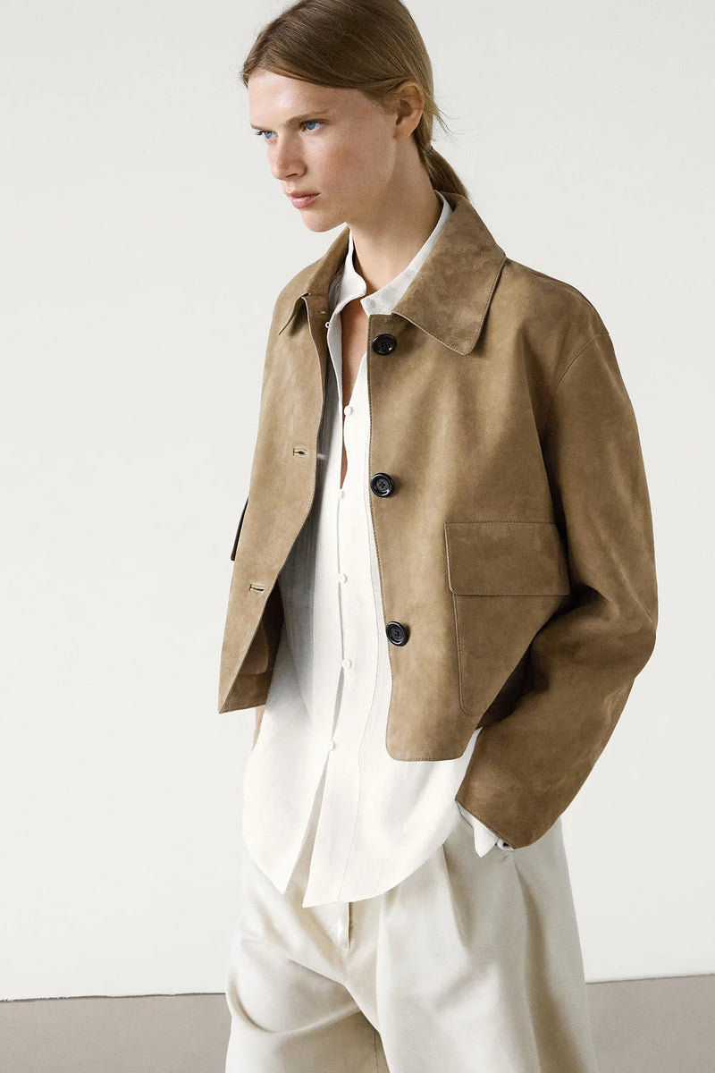 Chaqueta de Piel Suede Mujer con Corte Recto y Detalles de Botones