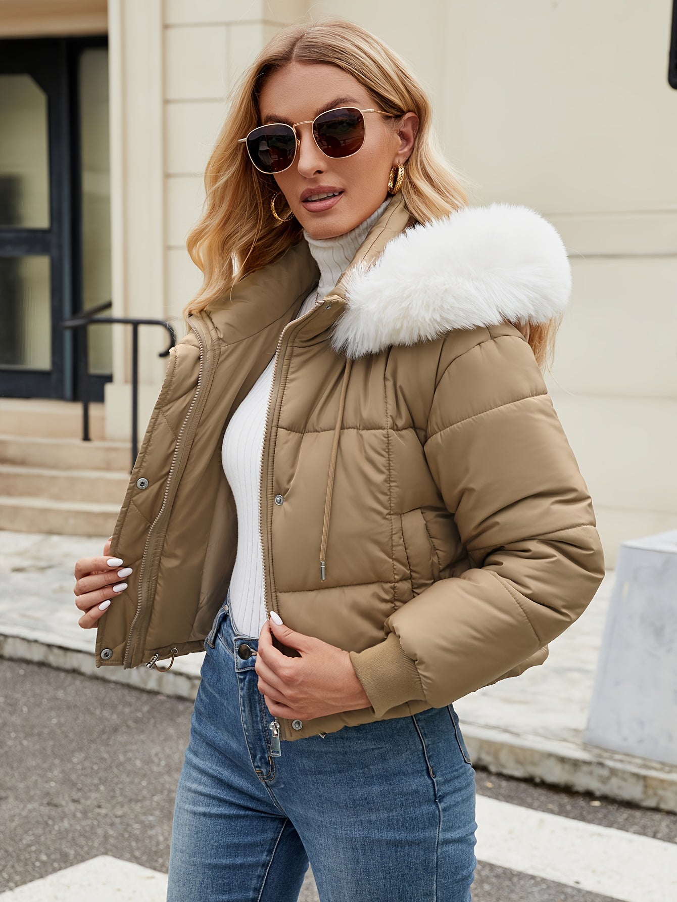 Chaqueta corto Isla Luxe mujer con capucha de piel, acolchado y diseño elegante para invierno