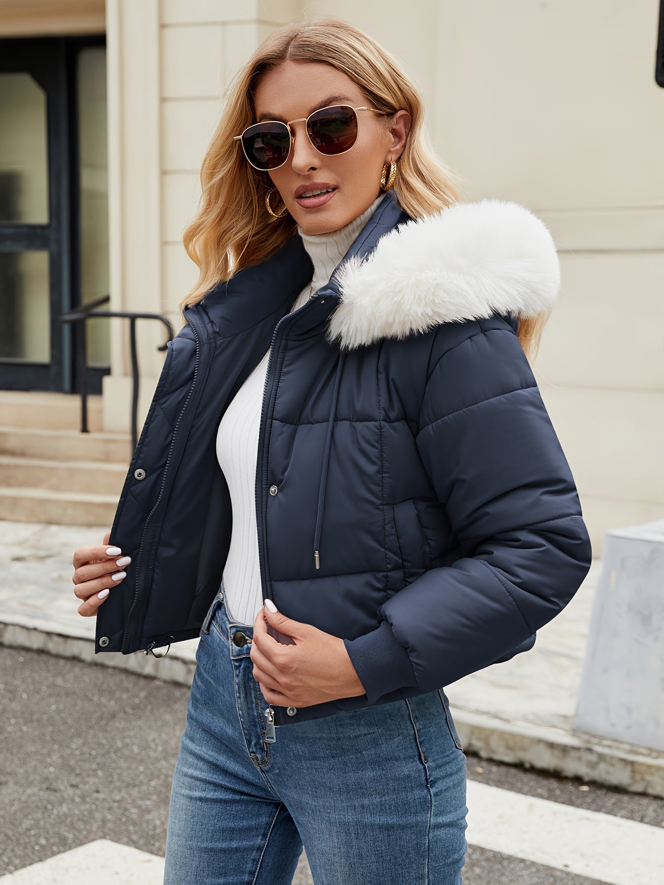 Chaqueta corto Isla Luxe mujer con capucha de piel, acolchado y diseño elegante para invierno