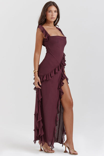 Vestido elegante Gabriella para mujer con split alto y detalles de ruches