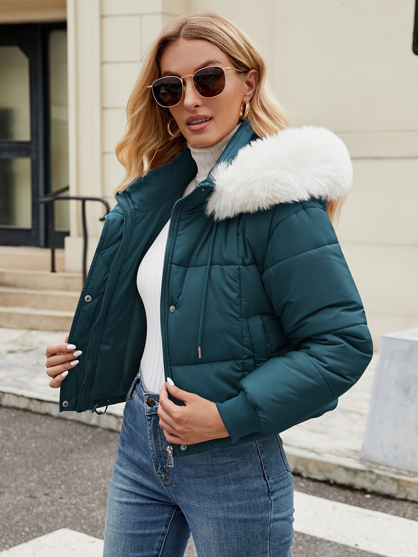 Chaqueta corto Isla Luxe mujer con capucha de piel, acolchado y diseño elegante para invierno