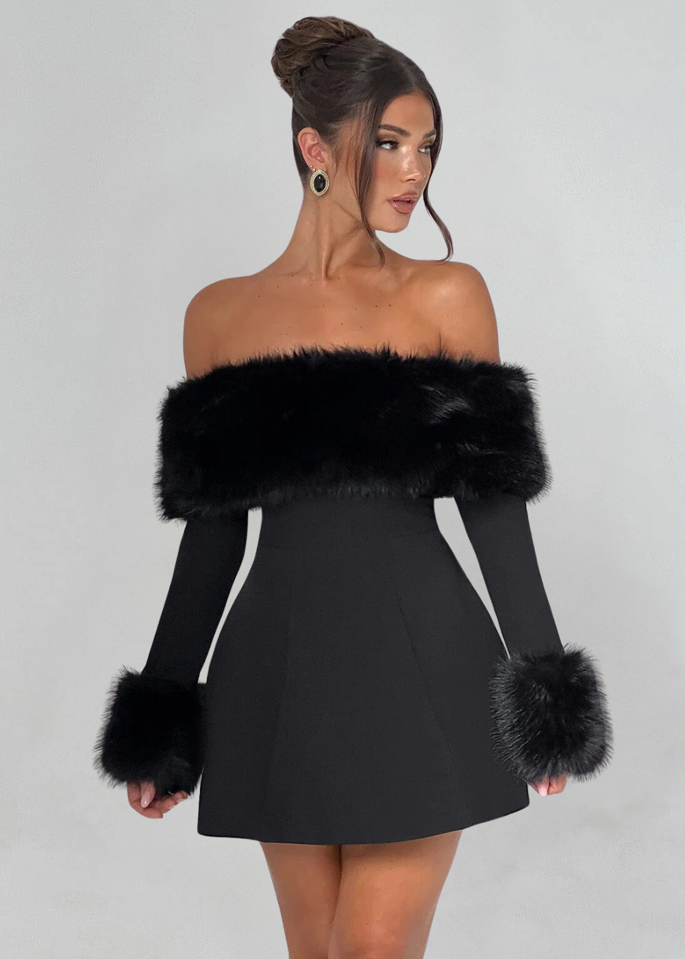 Serena vestido off-shoulder con mangas de piel elegante para mujer