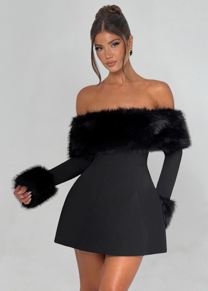 Serena vestido off-shoulder con mangas de piel elegante para mujer