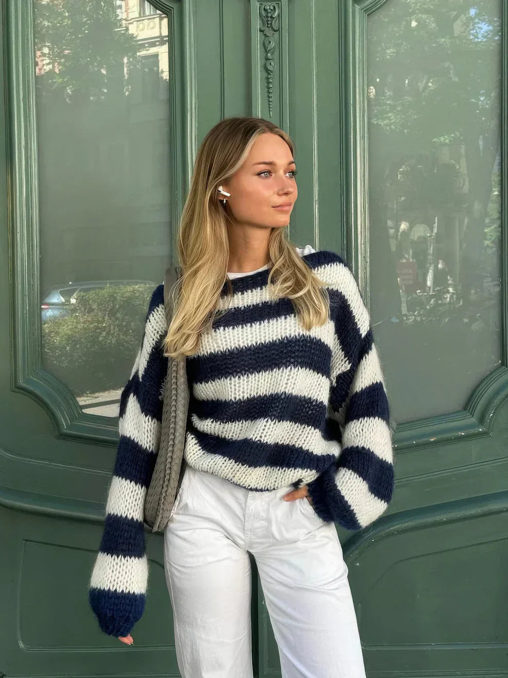 Suéter de lana a rayas para mujer, cálido y elegante