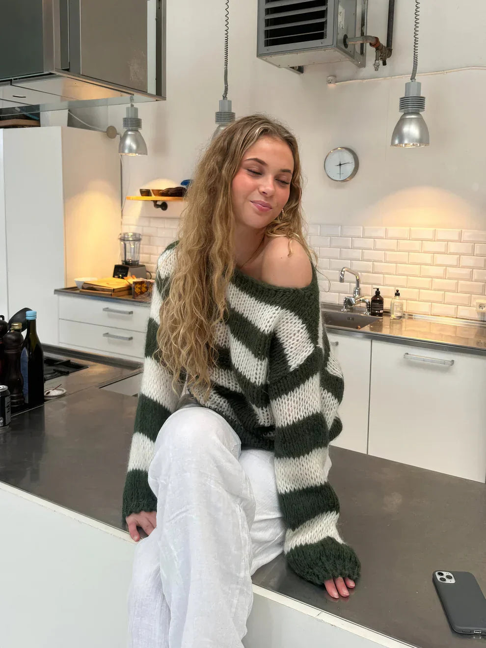 Suéter de lana a rayas para mujer, cálido y elegante