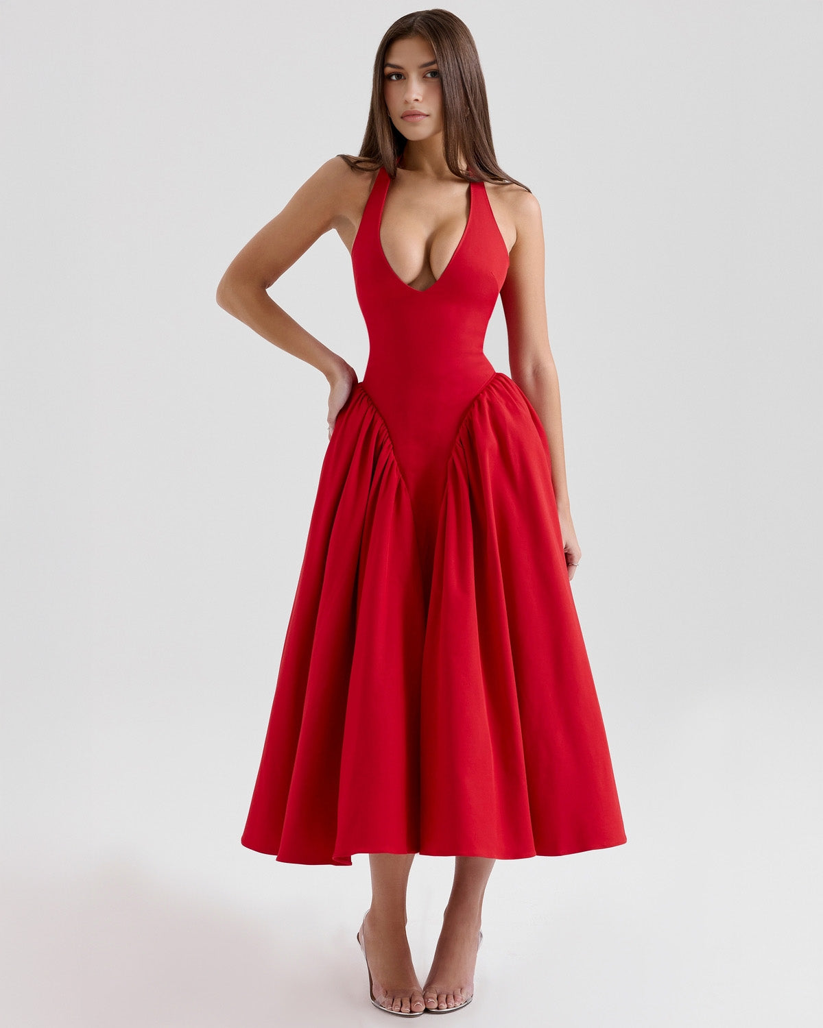 Vestido midi rojo Monroe para mujer con corte favorecedor y estilo elegante