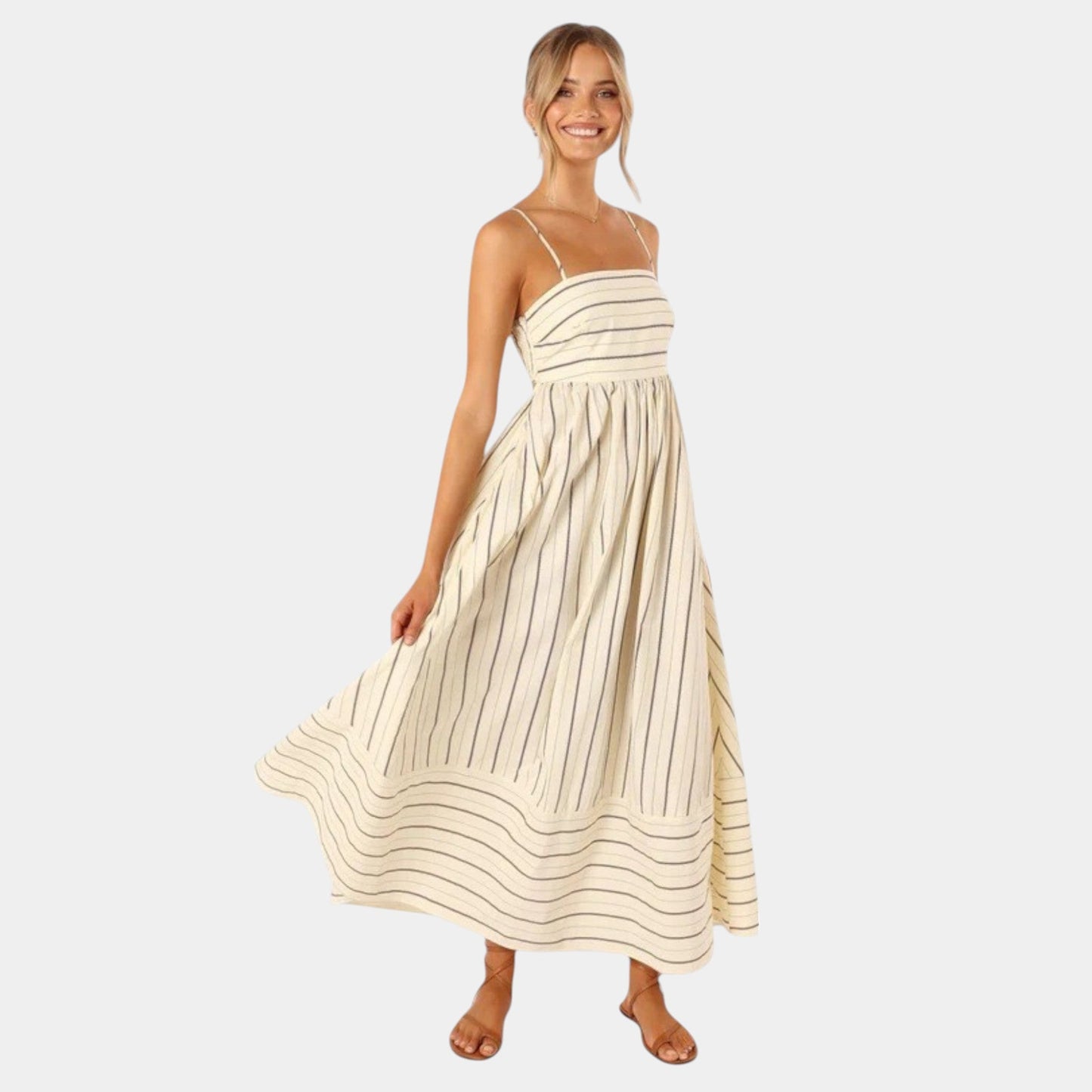 Vestido casual largo rosa con tirantes finos y pliegues sutiles para mujer