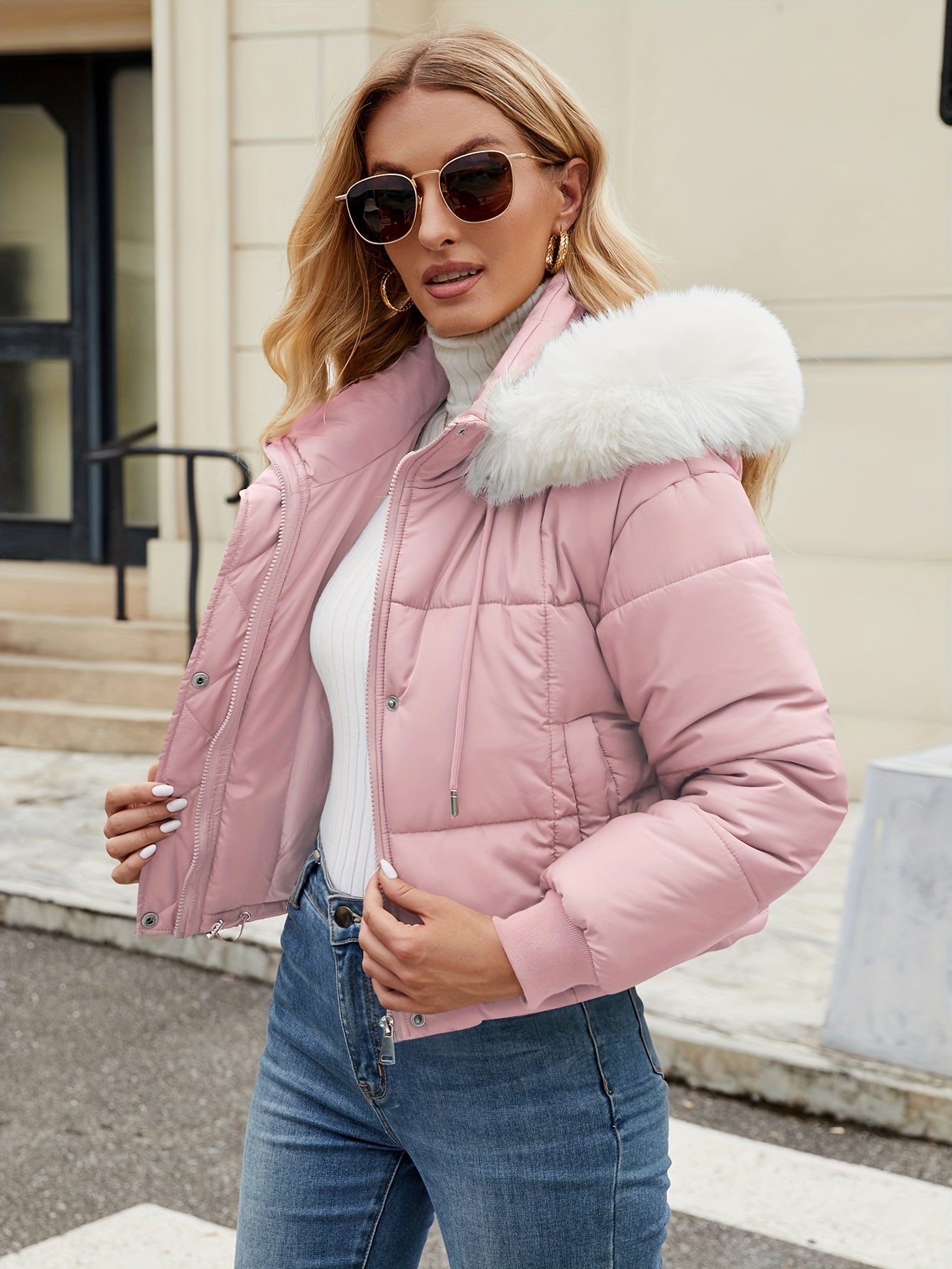 Chaqueta corto Isla Luxe mujer con capucha de piel, acolchado y diseño elegante para invierno