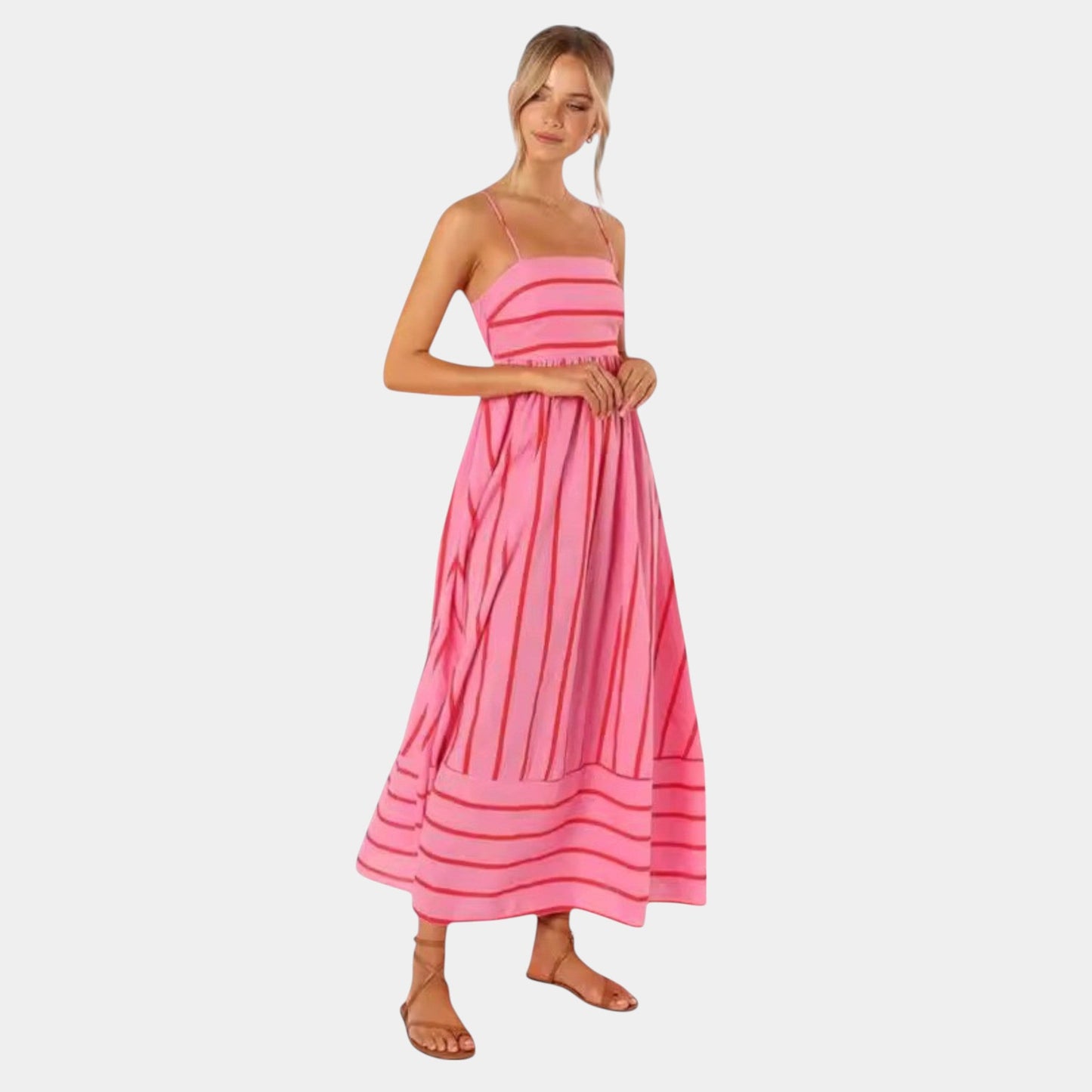 Vestido casual largo rosa con tirantes finos y pliegues sutiles para mujer