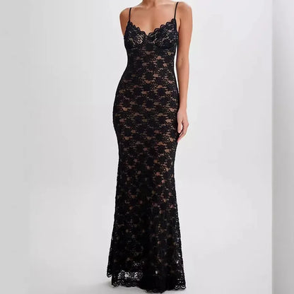 Selene™ vestido midi negro de encaje con escote favorecedor y detalles transparentes