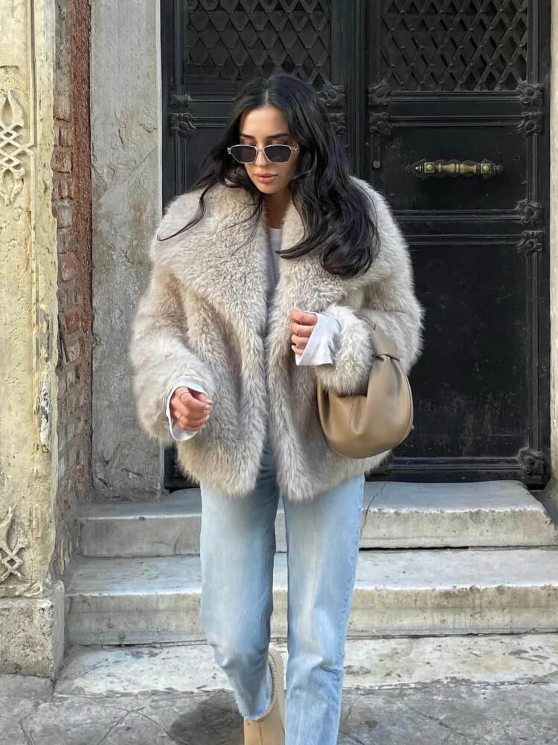 Abrigo oversize Livia para mujer con forro de piel sintética, elegante y cálido para invierno