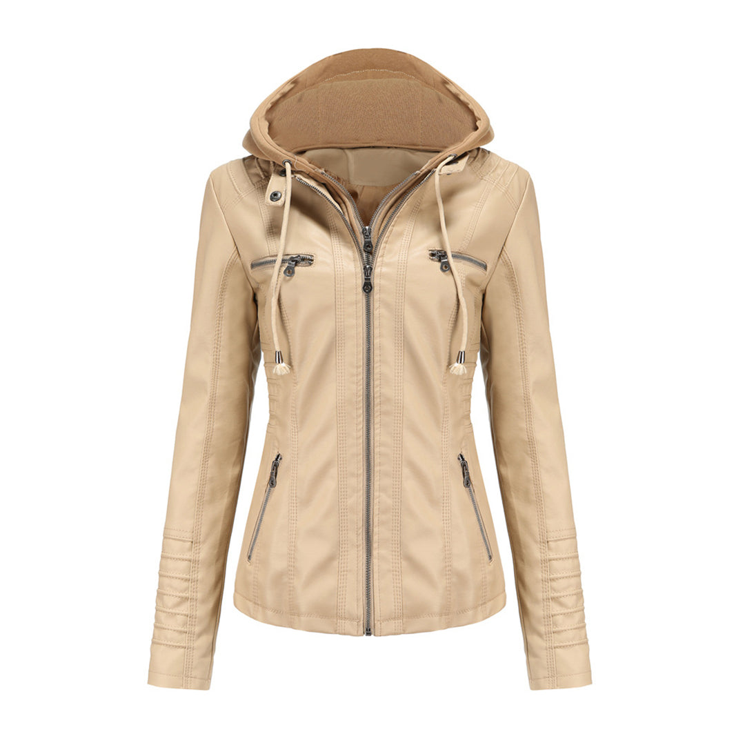 Chaqueta de Cuero Mujer con Capucha Desmontable y Cordones Ajustables