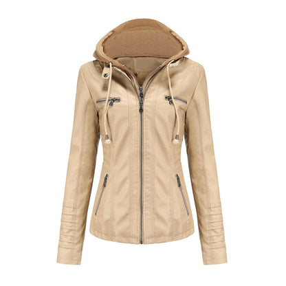 Chaqueta de Cuero Mujer con Capucha Desmontable y Cordones Ajustables