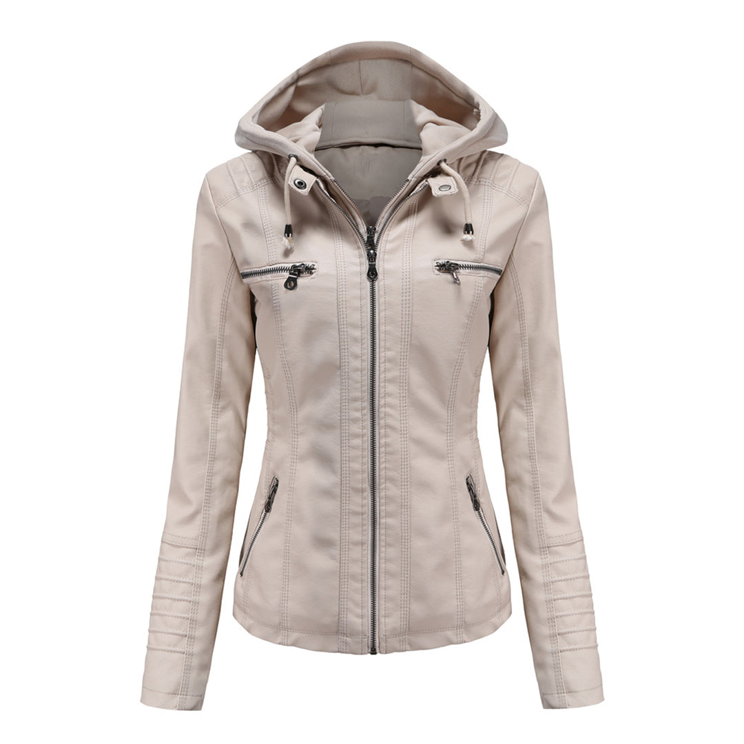 Chaqueta de Cuero Mujer con Capucha Desmontable y Cordones Ajustables