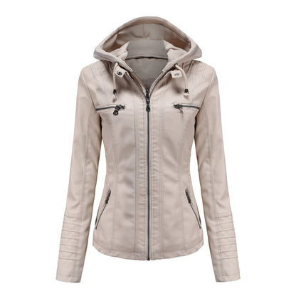 Chaqueta de Cuero Mujer con Capucha Desmontable y Cordones Ajustables
