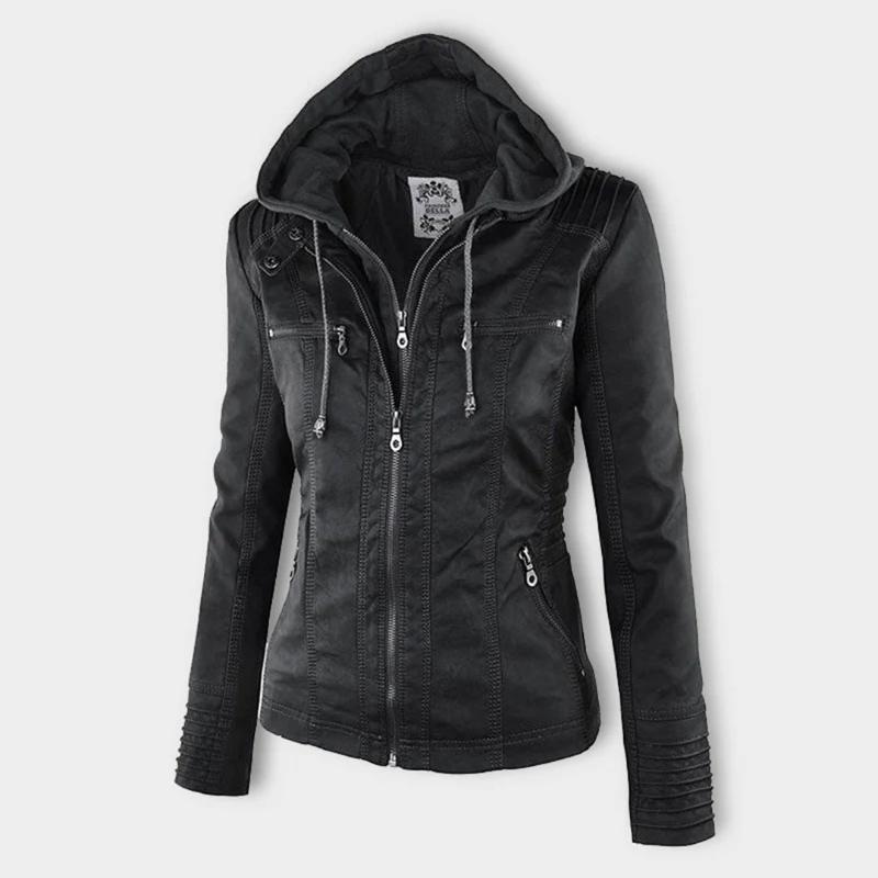 Chaqueta de Cuero Mujer con Capucha Desmontable y Cordones Ajustables