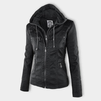 Chaqueta de Cuero Mujer con Capucha Desmontable y Cordones Ajustables