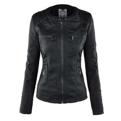 Chaqueta de Cuero Mujer con Capucha Desmontable y Cordones Ajustables
