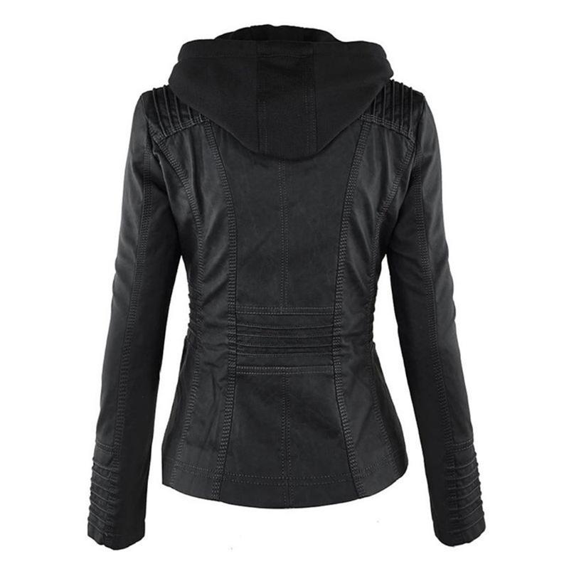 Chaqueta de Cuero Mujer con Capucha Desmontable y Cordones Ajustables