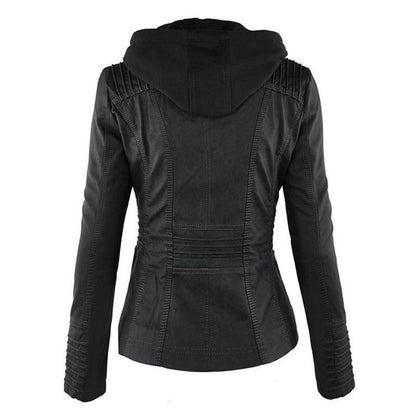 Chaqueta de Cuero Mujer con Capucha Desmontable y Cordones Ajustables