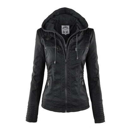 Chaqueta de Cuero Mujer con Capucha Desmontable y Cordones Ajustables