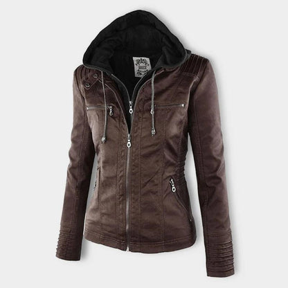 Chaqueta de Cuero Mujer con Capucha Desmontable y Cordones Ajustables