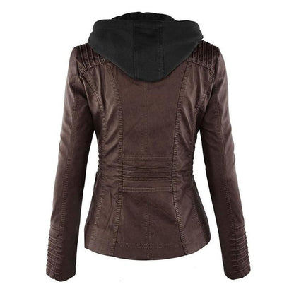 Chaqueta de Cuero Mujer con Capucha Desmontable y Cordones Ajustables