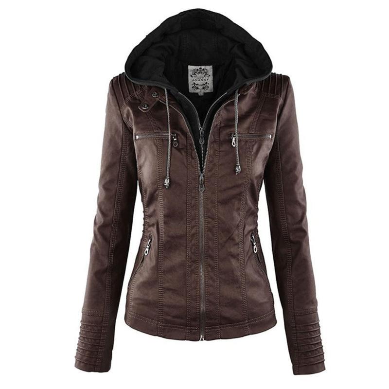 Chaqueta de Cuero Mujer con Capucha Desmontable y Cordones Ajustables