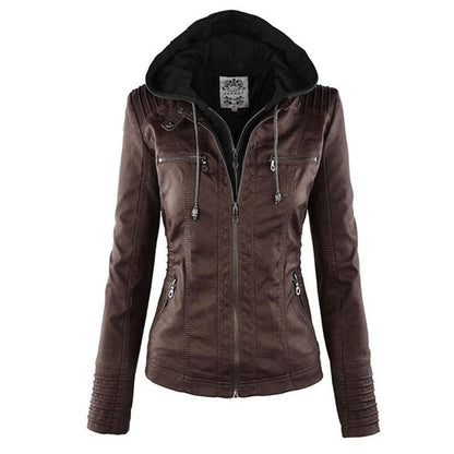 Chaqueta de Cuero Mujer con Capucha Desmontable y Cordones Ajustables