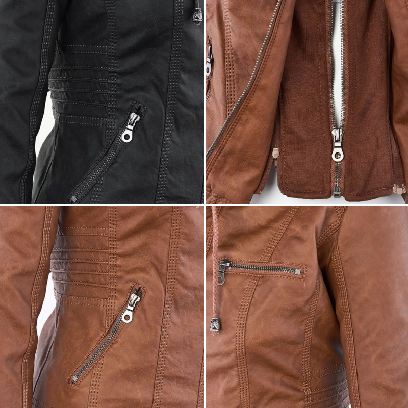 Chaqueta de Cuero Mujer con Capucha Desmontable y Cordones Ajustables