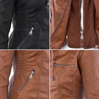Chaqueta de Cuero Mujer con Capucha Desmontable y Cordones Ajustables