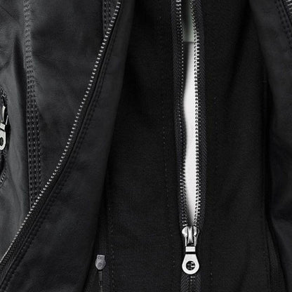 Chaqueta de Cuero Mujer con Capucha Desmontable y Cordones Ajustables