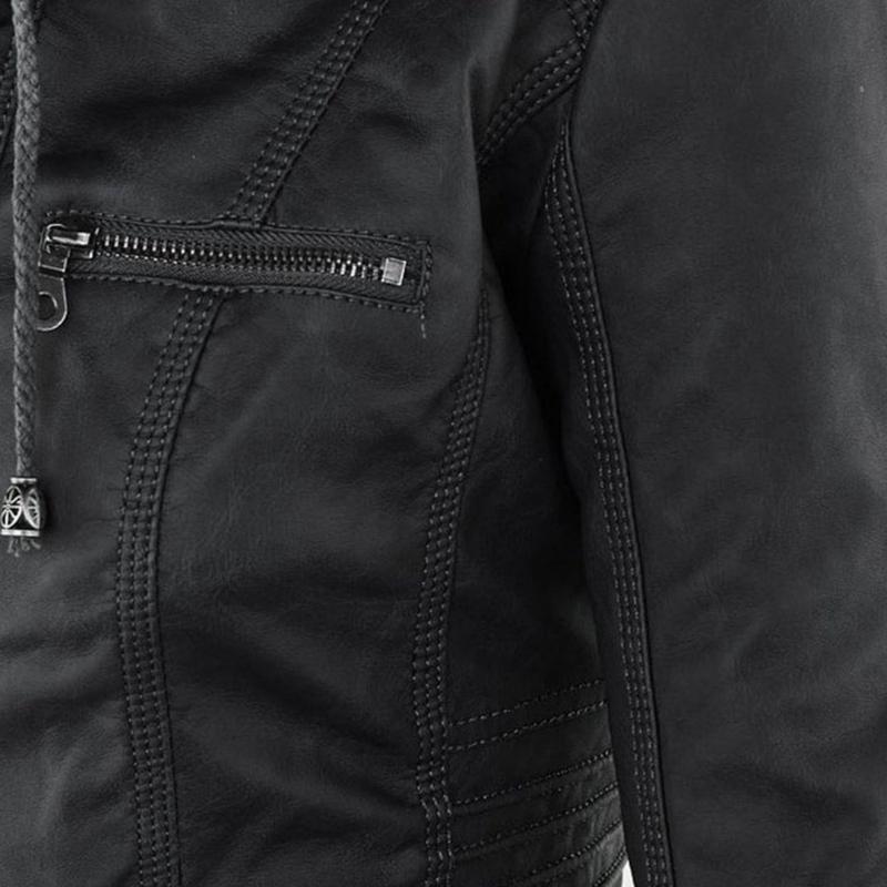 Chaqueta de Cuero Mujer con Capucha Desmontable y Cordones Ajustables