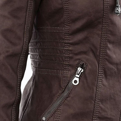 Chaqueta de Cuero Mujer con Capucha Desmontable y Cordones Ajustables