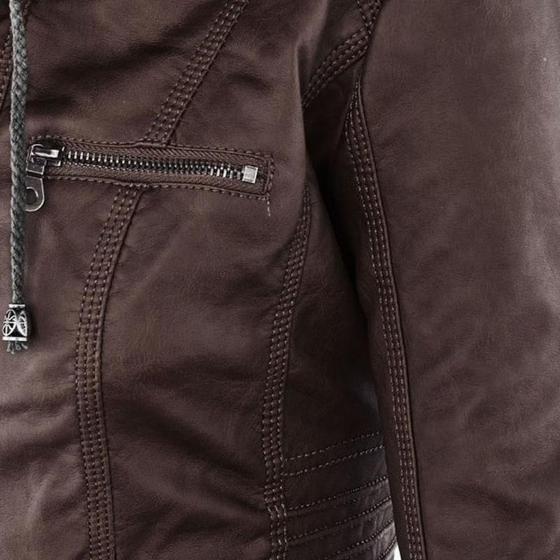 Chaqueta de Cuero Mujer con Capucha Desmontable y Cordones Ajustables